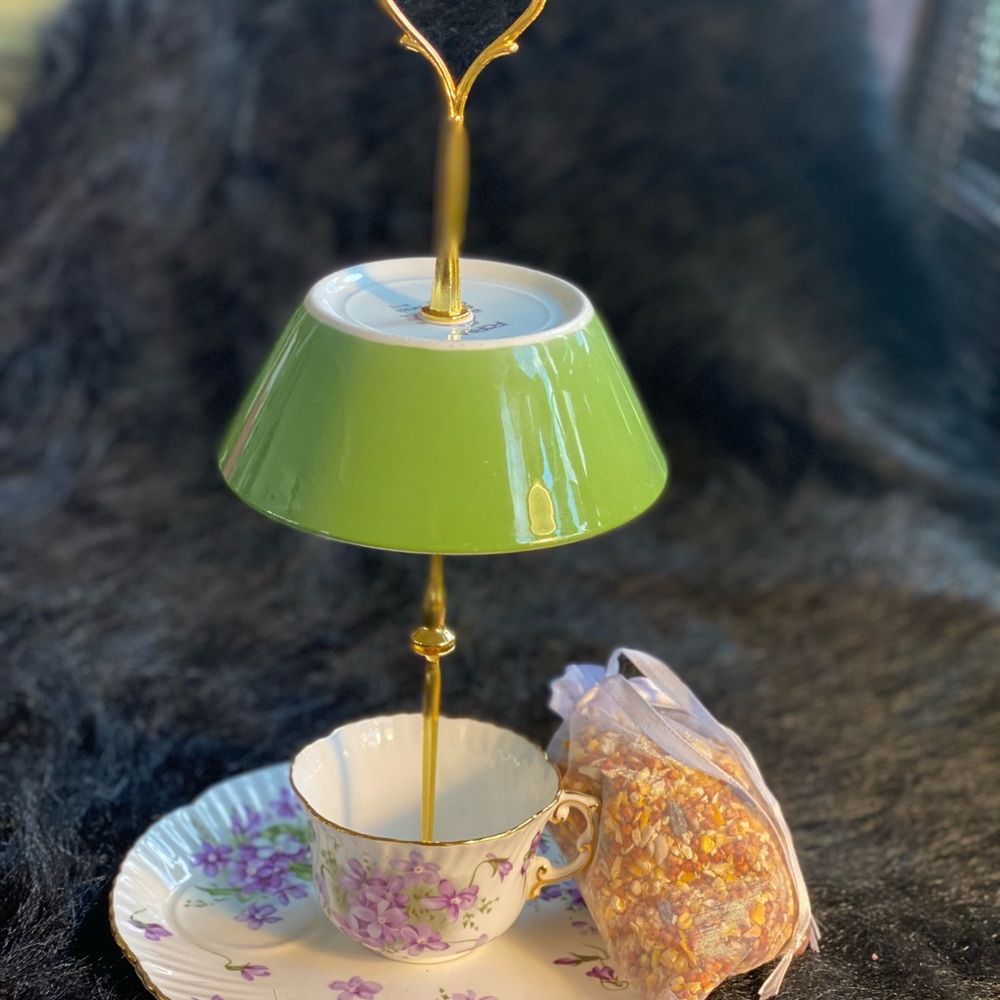 Tea Cup Bird-feeder #1 with Birdseed